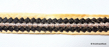 Beige Fabric Trim With Black And Gold Thread Embroidery Lace Trim, Approx. 25mm Wide